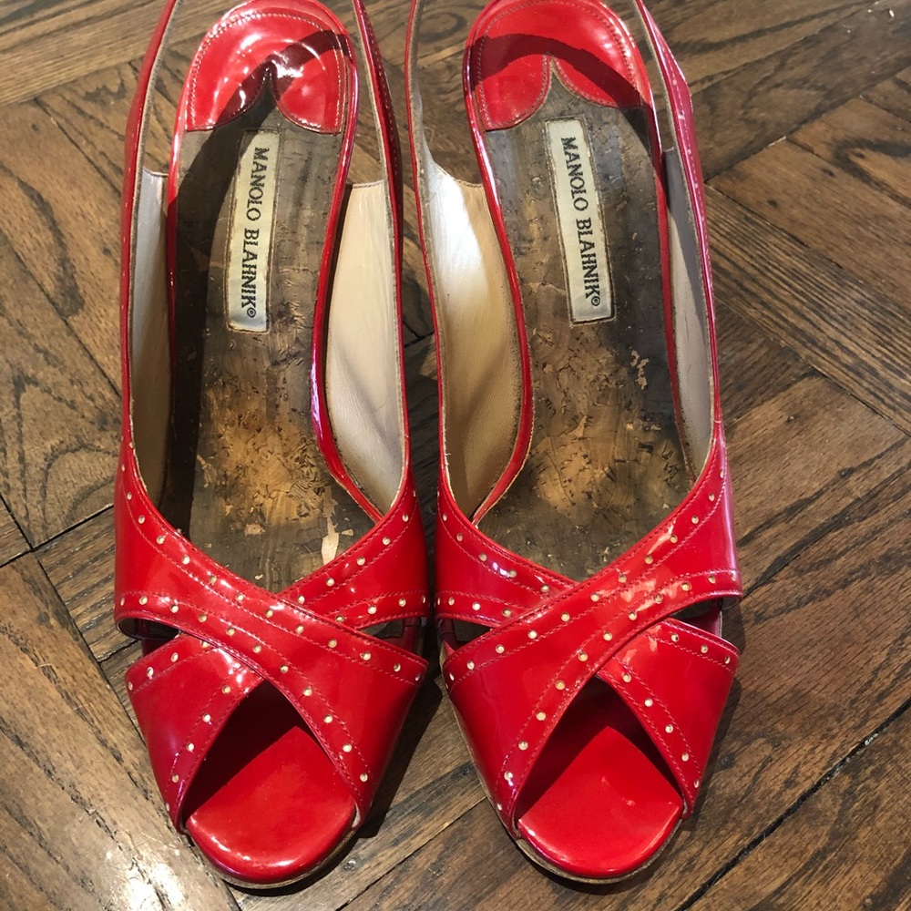 Manolo Blahnik Red Patent Leather Slingbacks SZ42